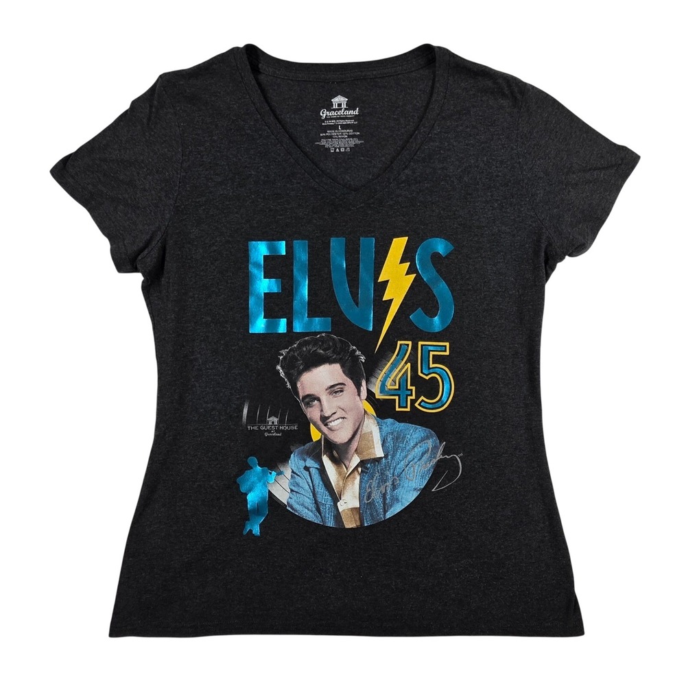Graceland Elvis Presley 45th Anniversary V-Neck Graphic T-Shirt Charcoal Large